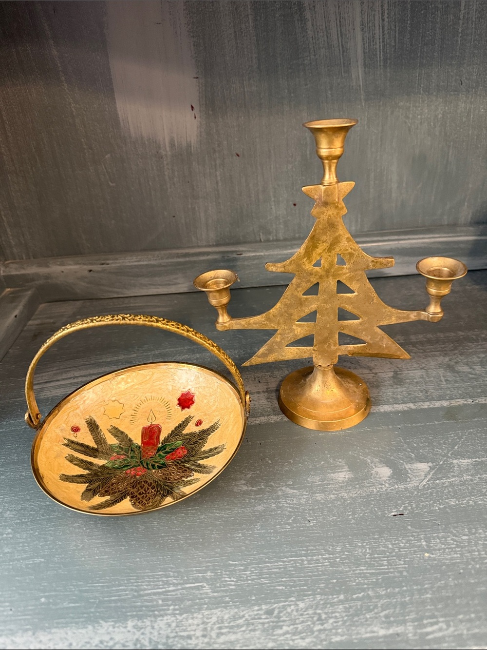 vintage cloisonné enamel brass Bowl and Christmas tree.